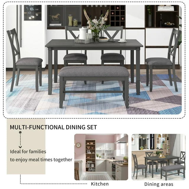 6 Piece Dining Table Set, Modern Home Dining Set with Table, Bench & 4 Cushioned Chairs, Wood Rectangular Table and Chair Set, Oak Finish Kitchen Table Set for Dining Room, B26