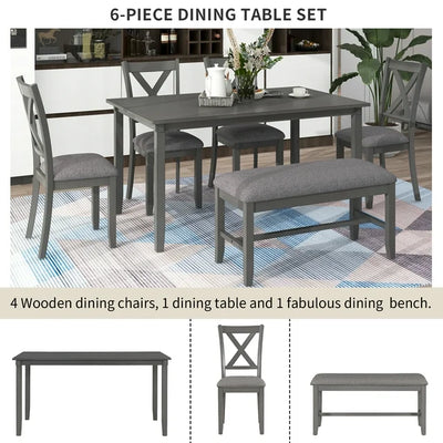 6 Piece Dining Table Set, Modern Home Dining Set with Table, Bench & 4 Cushioned Chairs, Wood Rectangular Table and Chair Set, Oak Finish Kitchen Table Set for Dining Room, B26