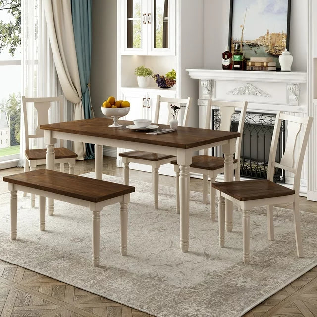 6 Piece Dining Table Set, Modern Home Dining Set with Table, Bench & 4 Cushioned Chairs, Wood Rectangular Table and Chair Set, Oak Finish Kitchen Table Set for Dining Room, B26