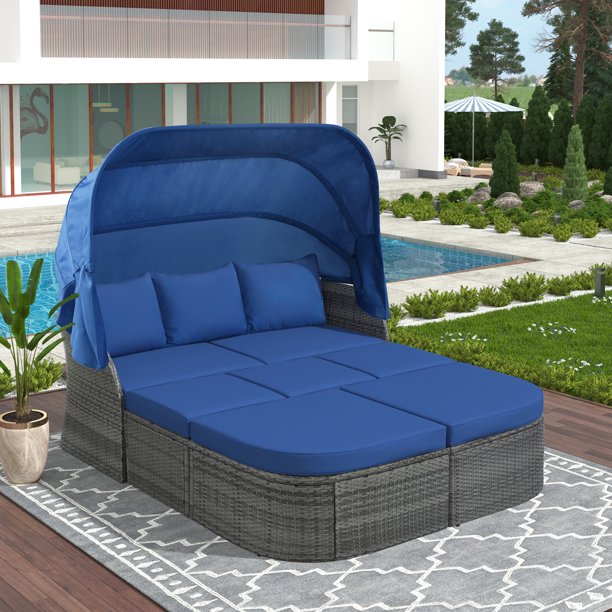 Patio Daybed, Outdoor Wicker Furniture Set with Four-Sided Canopy and Overhead Curtains, Outdoor Sofa Set w/Adjustable Seat for Patio Deck Poolside Garden Backyard