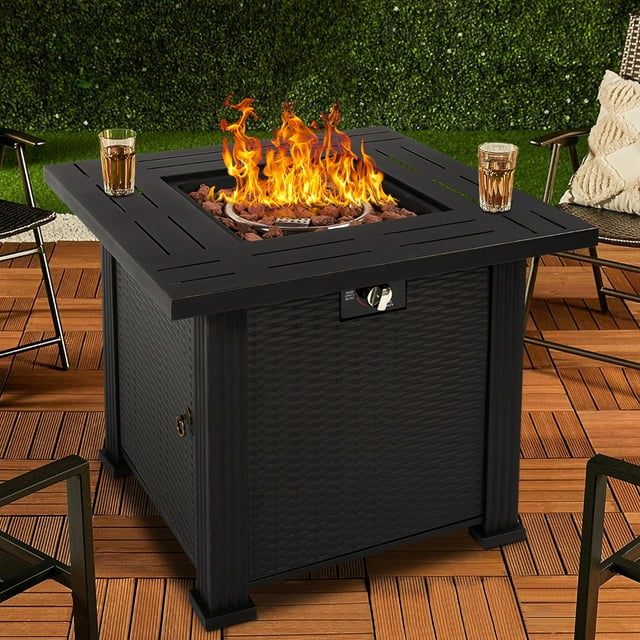 SEGMART 28'' Outdoor Gas Fire Pit Table, 40,000 BTU Propane Patio Heater with Lid and Lava Rocks, Propane Fire Pit Table with Auto-Ignition for Garden Patio Backyard Picnic, All-weather Fire Pit, B27