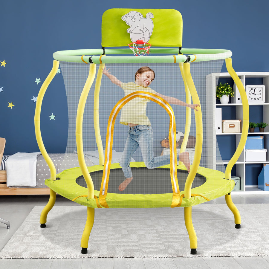 4FT Trampoline with Safety Enclosure Net for Kids, Toddler Mini Trampoline with Basketball Hoop, Ball, Indoor Outdoor Recreational Trampoline with Arc Designed, Gift for Boys & Girls, Light Yellow