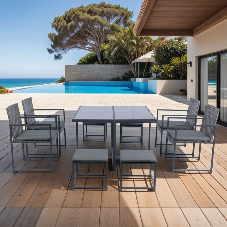 9 Piece Indoor Outdoor Wicker Dining Set Furniture, Patio Rattan Furniture Set with Wood Tabletop and Stackable Armrest Chairs, All-Weather Sectional Conversation Set with Cushions