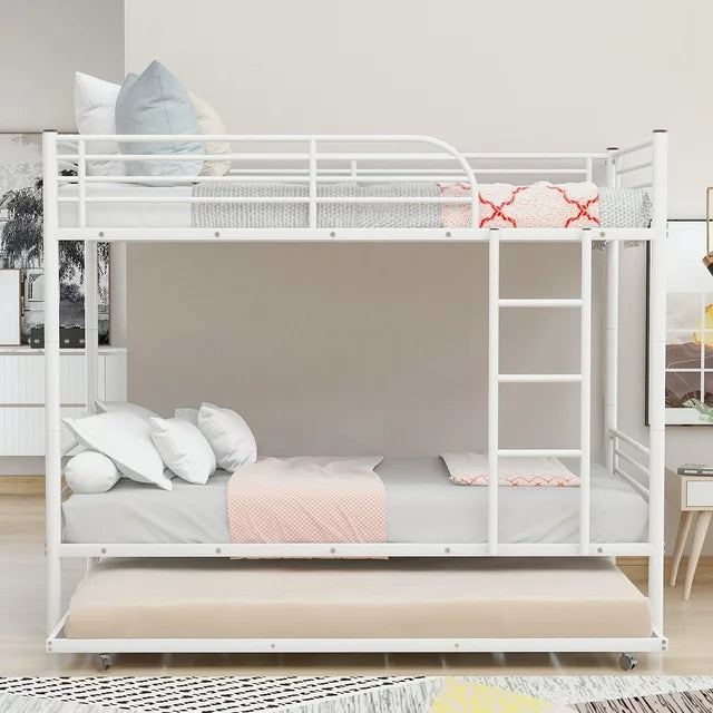 Twin Over Twin Bunk Bed with Trundle, Metal Twin Bed with Safety Guard Rail and Ladders, Space-Saving Design Sleeping Bedroom Bunk Bed for Boys, Girls, Kids, Young Teens and Adults, Easy Assembly, B20
