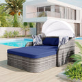 SEGMART Outdoor Sunbed with Retractable Canopy, Patio PE Rattan Double Lounge Daybed with 3 Cushion and 4 Pillows, Patio Double Conversation Bed for Porch, Lawn, Garden, Backyard, Poolside