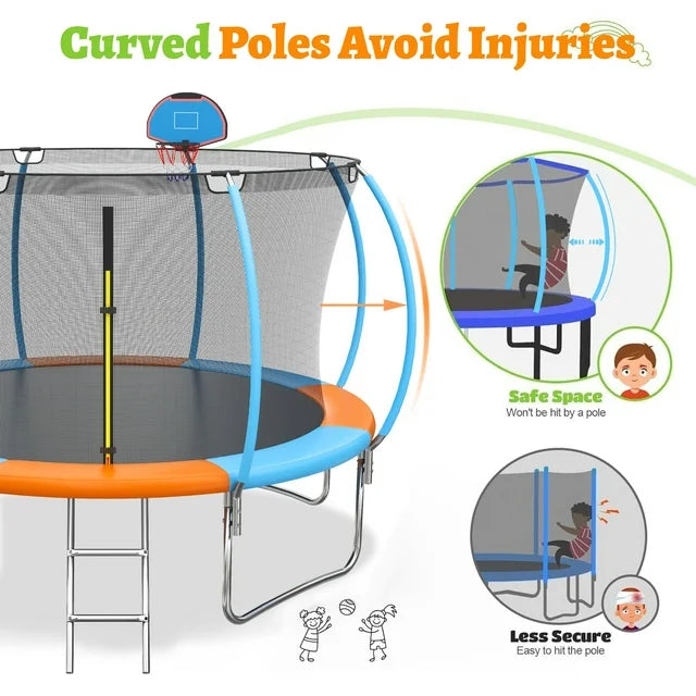 12ft Trampoline with Safety Enclosure, SEGMART Upgrade Outdoor Trampoline with Basketball Hoop, Heavy Duty Back Yard Trampoline with Ladder for Kids and Adults, Black