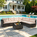 Patio Outdoor Furniture Sets, 7 Pieces All-Weather Rattan Sectional Sofa with Tea Table, Cushions & Pillow, PE Rattan Wicker Sofa Couch Conversation Set for Garden Backyard Poolside, B04