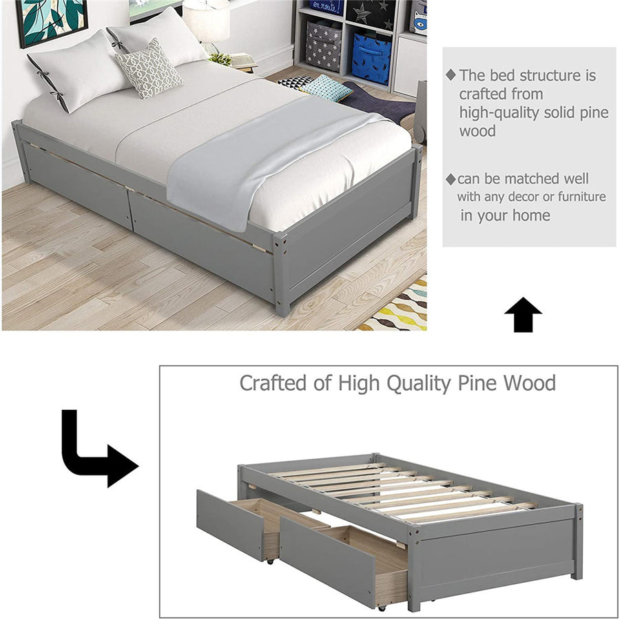 Twin Bed Frame with Storage, Twin Size Bed Frame for Adults Teens Kids, SEGMART Stylish Wooden Twin Bed Frame with Drawers/Wood Slat Support, Classic Twin Bed Frame No Box Spring Needed, Grey, H695