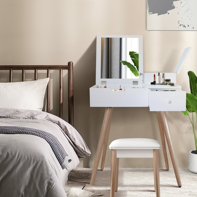 Segmart Vanity Dresser Table Set for Teen Girls, Wood Vanity Desk with Flip Top Mirro, 2 Drawers, White, S9182