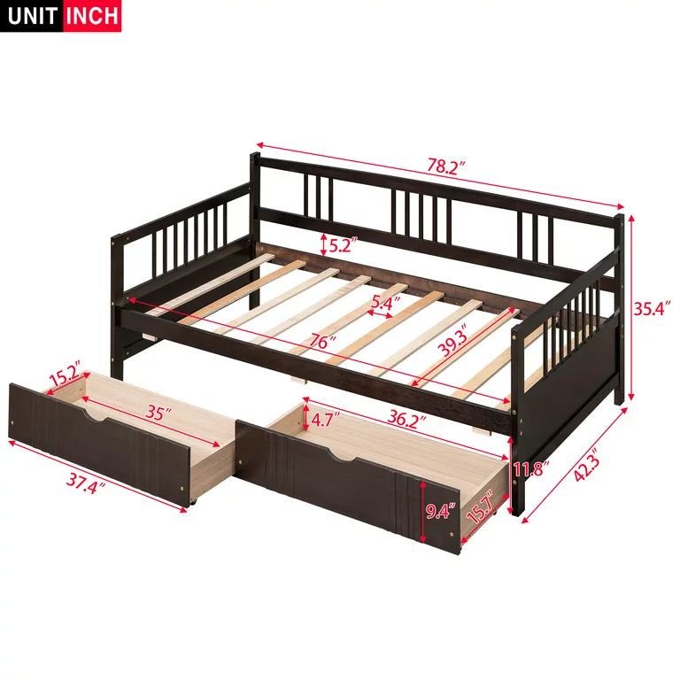 Twin Daybed Bed, SEGMART Captain Sofa Bed with 2 Storage Drawers, Wood Twin Daybed Bed with 10 Slats Strong Support, Farmhouse Style Solid Wood Bedframe for Kid's Room, Teens, Espresso, SS2660