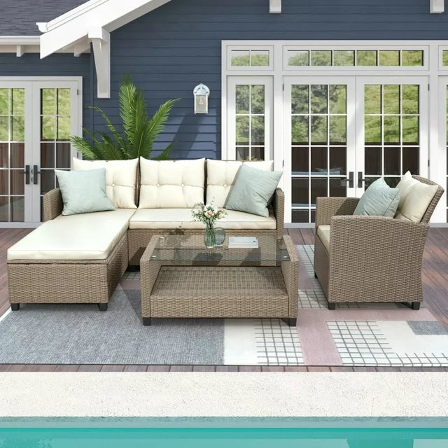 SEGMART 4 Piece Patio Furniture Set, All-Weather Outdoor Sectional Sofa Set, PE Rattan Conversation Set with Storage Box, Table & Cushion, Wicker Furniture Couch Set for Patio Deck Garden Pool Yard