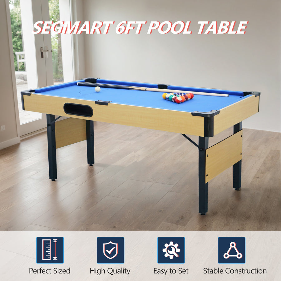 SEGMART 6 Ft Folding Pool Table, Multifunctional Billiard Table, Dining Table, Indoor Game Table, All Accessories Included, Beige with Blue Felt
