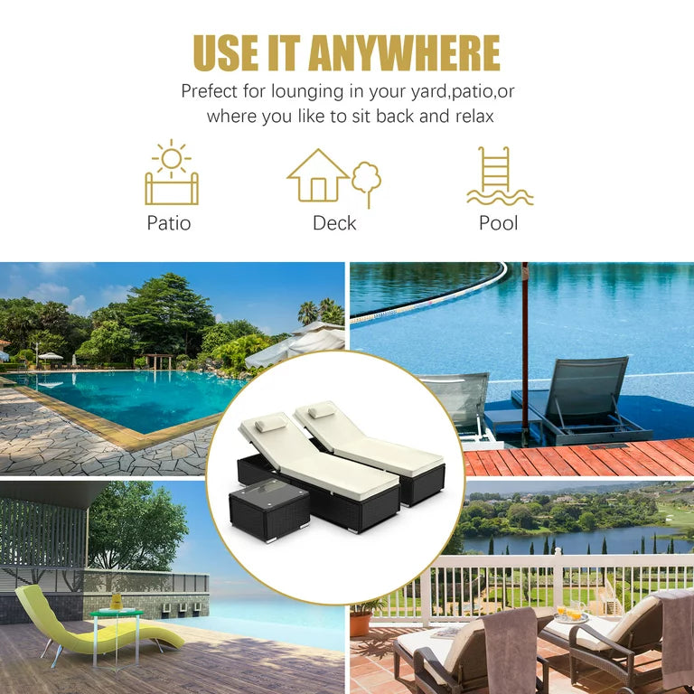 Segmart 3 Pieces Reclining Outdoor Patio Lounge Furniture Set, All-Weather Poolside Rattan Wicker Chaise Chairs Sets with Cushions & 2 Pillows, for Backyard Deck Porch Garden, Beige, SS2120