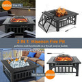 Multifunctional Fire Pit Table, 32'' Fireplace Heater/Ice Pit, Square Metal Fire Pit Stove with Screen Lid and Log Poker for Backyard Garden Camping Picnic Bonfire - Black, K1153