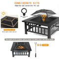 Multifunctional Fire Pit Table, 32'' Fireplace Heater/Ice Pit, Square Metal Fire Pit Stove with Screen Lid and Log Poker for Backyard Garden Camping Picnic Bonfire - Black, K1153