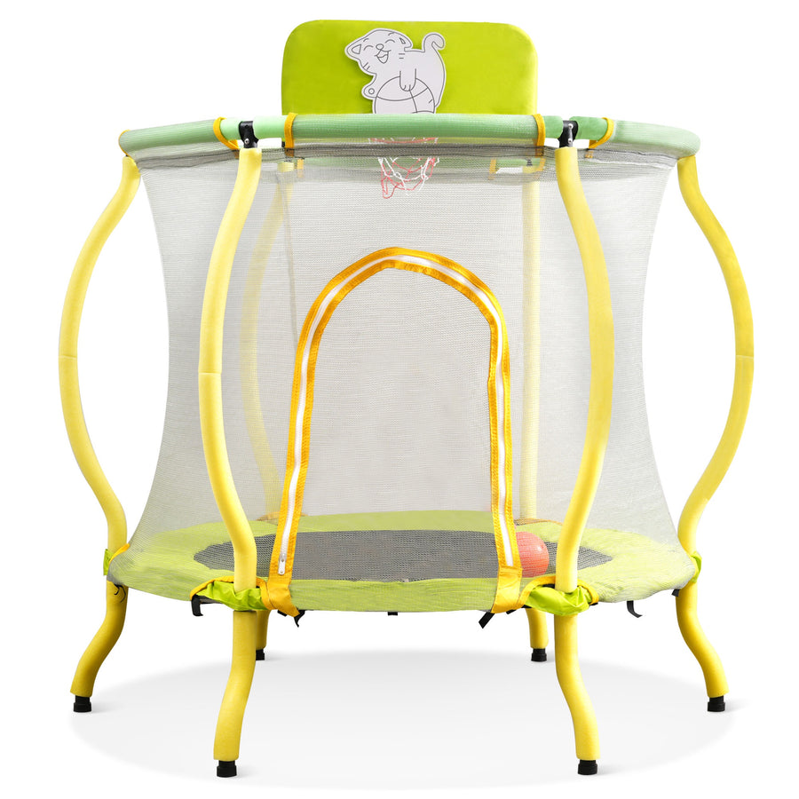 4FT Trampoline with Safety Enclosure Net for Kids, Toddler Mini Trampoline with Basketball Hoop, Ball, Indoor Outdoor Recreational Trampoline with Arc Designed, Gift for Boys & Girls, Light Yellow