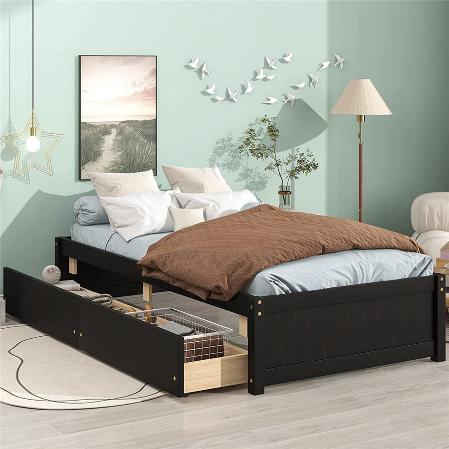 Twin Size Bed with 2 Drawers, SEGMART Twin Bed Frame with Storage, Twin Bed Frames for Kids/Adults/Teens, Bed Frame No Box Spring Needed, Platform Bed Frame with Wood Slat Support, Espresso, LLL4667