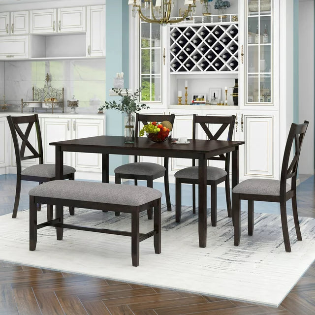 6 Piece Dining Table Set, Modern Home Dining Set with Table, Bench & 4 Cushioned Chairs, Wood Rectangular Table and Chair Set, Oak Finish Kitchen Table Set for Dining Room, B26