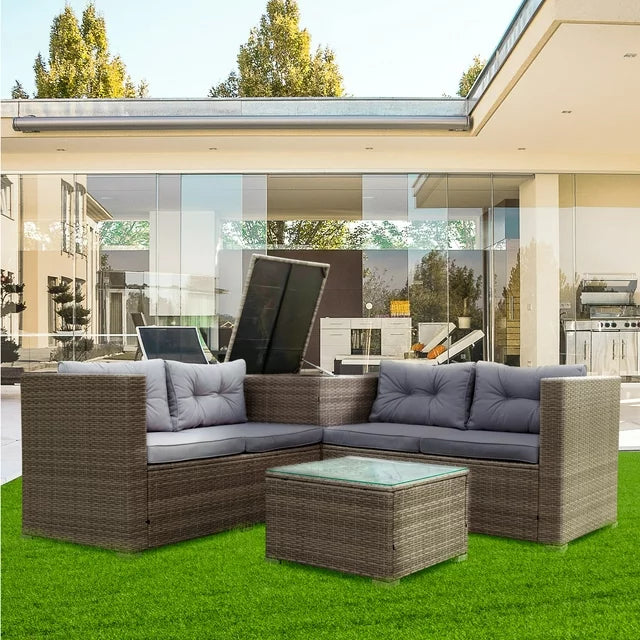 SEGMART 4 Piece Patio Furniture Set, All-Weather Outdoor Sectional Sofa Set, PE Rattan Conversation Set with Storage Box, Table & Cushion, Wicker Furniture Couch Set for Patio Deck Garden Pool Yard
