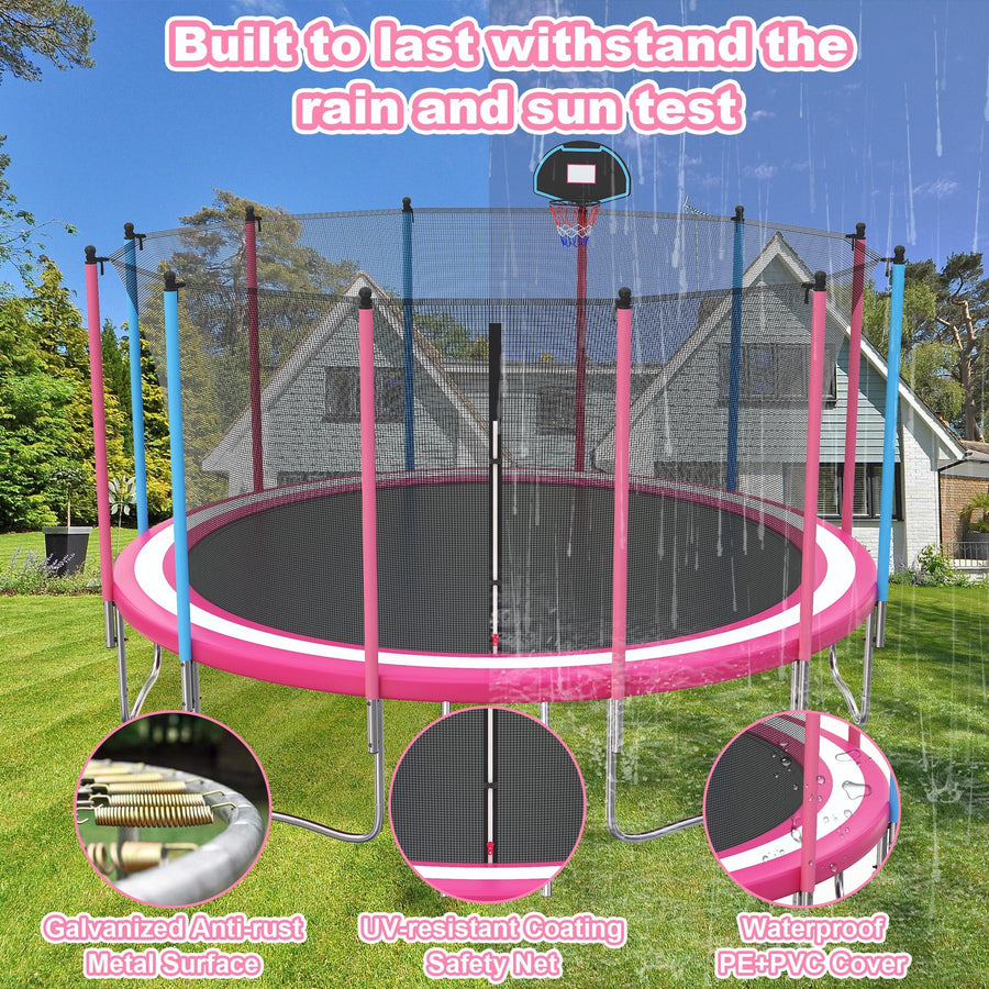 16FT Trampoline with Basketball Hoop, Blue Outdoor Trampolines Recreational Kids Trampoline with Enclosure Net Outdoor for 3-5 Kids, L