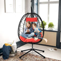 Outdoor Swinging Egg Chair, Patio Wicker Hanging Chairs with Stand, UV Resistant Hammock Chair with Comfortable Red Cushion, Durable Indoor Swing Egg Chair for Garden, Backyard, L3951