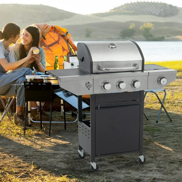SEGMART 4 Burner BBQ Propane Gas Grill, Stainless Steel 34,200 BTU Patio Garden Barbecue Grill with Two Foldable Shelves & Thermometer, Perfect for Camping, Outdoor Cooking