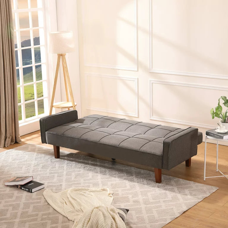 Modern Futon Sofa Bed, Linen Fabric Sleeper Sofa, Convertible Reclining Upholstered Couch Bed with 5 Wood Legs and Armrest, Foldable Couch Sofa Bed for Living Room, Office, Apartment, B1030