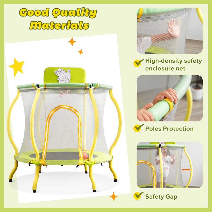 4FT Trampoline with Safety Enclosure Net for Kids, Toddler Mini Trampoline with Basketball Hoop, Ball, Indoor Outdoor Recreational Trampoline with Arc Designed, Gift for Boys & Girls, Light Yellow