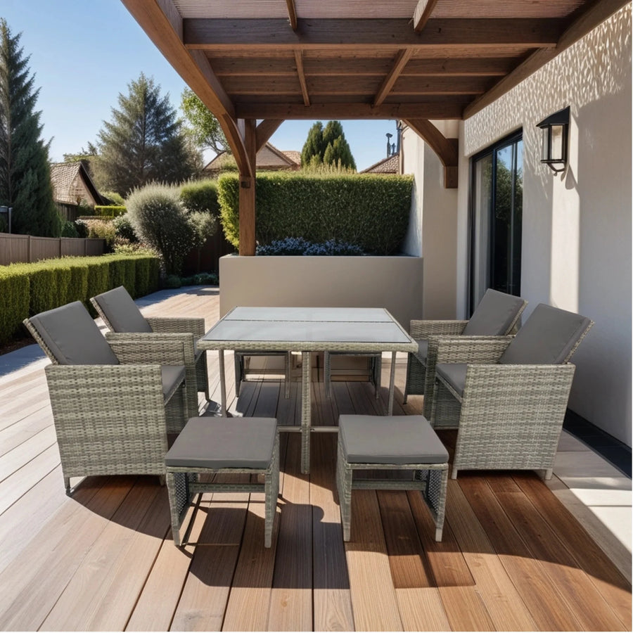 9 Piece Indoor Outdoor Wicker Dining Set Furniture, Patio Rattan Furniture Set with Wood Tabletop and Stackable Armrest Chairs, All-Weather Sectional Conversation Set with Cushions