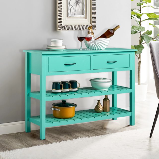 Wood Sideboard Console Table with Drawers, Buffet Sideboard Desk w/2 Cabinets and Bottom Shelf, Retro Tall Console Table Entryway Table Accent Table for Entryway, Blue, 99lbs, S5344