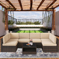 7 Piece Patio Furniture Set with 6 Rattan Wicker Chairs, Coffee Table and 2 Pillows, Outdoor Conversation Set with Beige Cushions for Backyard, Porch, Garden, Poolside, LLL4246
