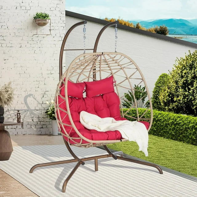 SEGMART 2-Person Hanging Swing Chair with Stand, Double Hanging Egg Chair with Cushion and Pillow, Foldable Wicker Rattan Patio Basket Hanging Chair for Indoor Outdoor Garden