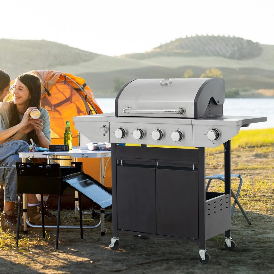 SEGMART 4 Burner BBQ Propane Gas Grill, Stainless Steel 34,200 BTU Patio Garden Barbecue Grill with Two Foldable Shelves & Thermometer, Perfect for Camping, Outdoor Cooking