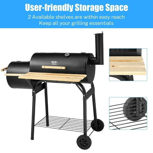 BBQ Charcoal Grill, 45.28-Inch Length Portable Barbecue Grill, Offset Smoker Barbecue Oven with Wheels & Thermometer for Outdoor Picnic Camping Patio Backyard, B026
