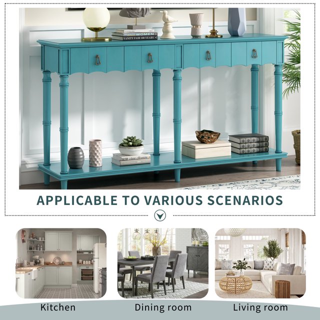 Wood Console Table with 4 Drawers, Hallway Buffet Sideboard Desk with Bottom Shelf, Retro Tall Console Table Entryway Table Accent Table for Entryway, 220lbs, Blue, S9893