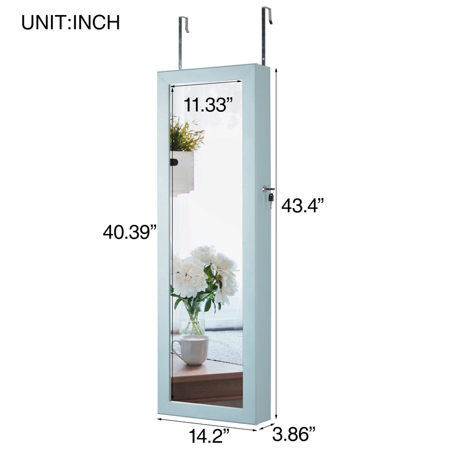 Wall Door Mounted Jewelry Armoire Cabinet with Full Length Mirror, 6 LEDs Lockable Jewelry Organizer Box with 2 Drawers, Bracelet Rod, Large Storage Capacity, Valentine's Day Gifts, Blue