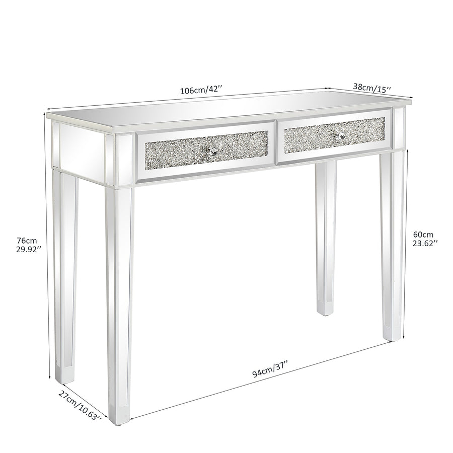 42” Mirrored Console Table with 2 Drawers for Entryway/Hallway, Silver Bedroom Desk Mirror Makeup Table Sofa Tables with Crystal for Living Room