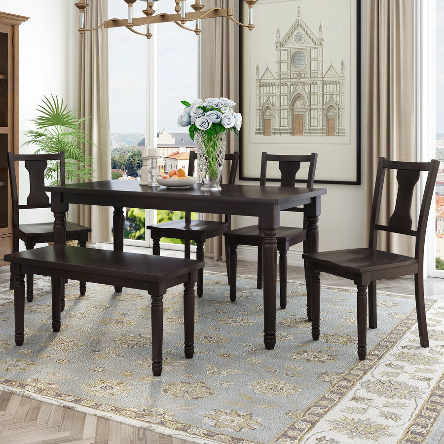 6 Piece Dining Table Set, Modern Home Dining Set with Table, Bench & 4 Cushioned Chairs, Wood Rectangular Table and Chair Set, Oak Finish Kitchen Table Set for Dining Room, B26