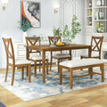 6 Piece Dining Table Set, Modern Home Dining Set with Table, Bench & 4 Cushioned Chairs, Wood Rectangular Table and Chair Set, Oak Finish Kitchen Table Set for Dining Room, B26