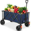 Outdoor Folding Utility Wagon, Collapsible Beach Wagon Cart with 360 Rotating Front Wheels and Drink Holders, Portable Garden Cart for Camping, Picnic, Beach