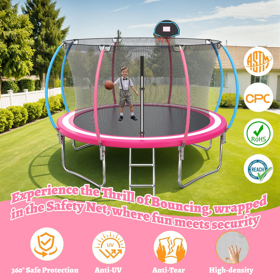 12ft Trampoline for Kids with Basketball Hoop, Outdoor Trampoline with Safety Enclosure Ladder, Back Yard Trampoline for Kids and Adults