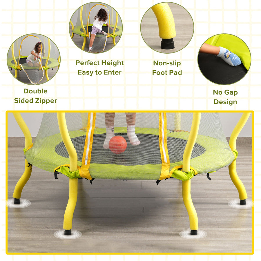 4FT Trampoline with Safety Enclosure Net for Kids, Toddler Mini Trampoline with Basketball Hoop, Ball, Indoor Outdoor Recreational Trampoline with Arc Designed, Gift for Boys & Girls, Light Yellow