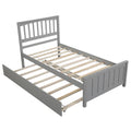 Twin Size Platform Bed, Elegant Kids Wood Bed Frame with Twin Trundle, Minimalistic Wood Platform Bed with Solid Pine Wood Headboard, Wood Slat Support Mattress Foundation, Twin, Grey, SS1093
