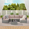 7 Piece Outdoor Deck Furniture Sets with 6 Rattan Wicker Chairs, Coffee Table and Pillows, Patio Conversation Set with Thickened Cushions for Backyard, Porch, Garden, Poolside, LLL4245