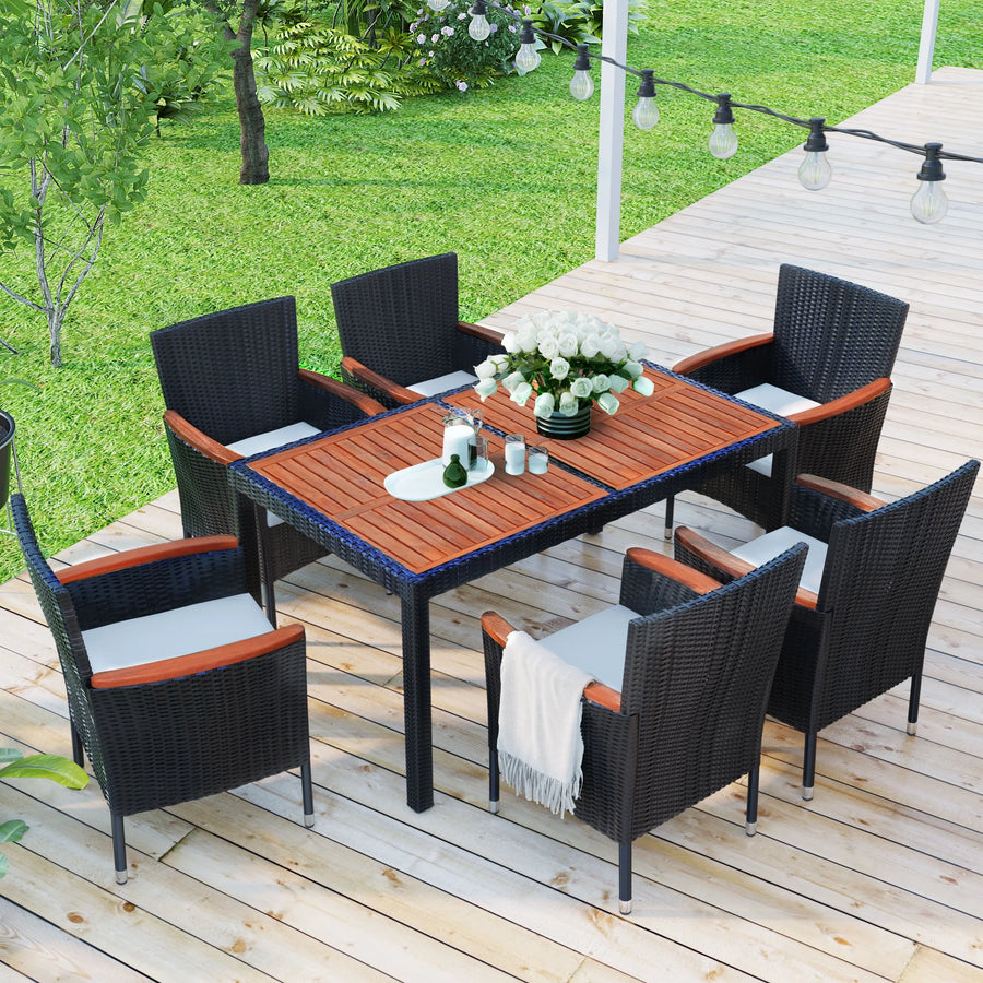 7 Piece Outdoor Wicker Dining Set, Patio Dining Table Set for 6 Persons, Garden Patio Rattan Dining Furniture Set with Beige Cushions, Dining Table Chairs Conversation Set for Deck Patio, K3482
