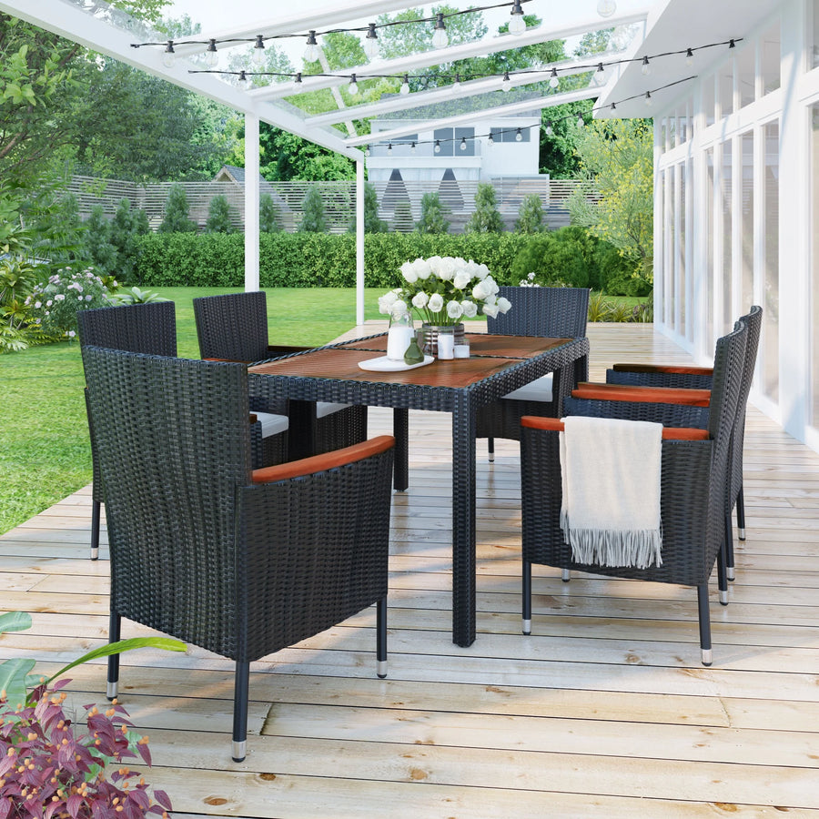 7 Piece Outdoor Wicker Dining Set, Patio Dining Table Set for 6 Persons, Garden Patio Rattan Dining Furniture Set with Beige Cushions, Dining Table Chairs Conversation Set for Deck Patio, K3482