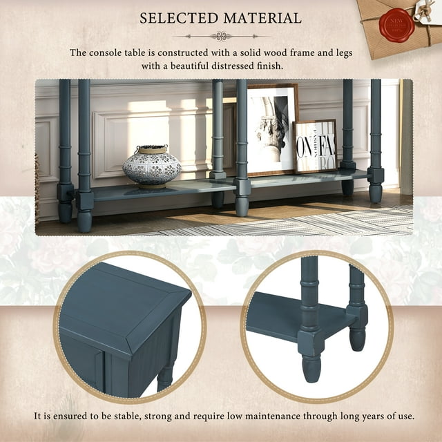Livingroom Sofa Table, Tall Console Table with 2 Big Drawers and Bottom Shelf, Retro Wood Tall Console Table with Wood Frame and Legs, Accent Storage Cabinet for Entryway, Antique Navy, SS1177