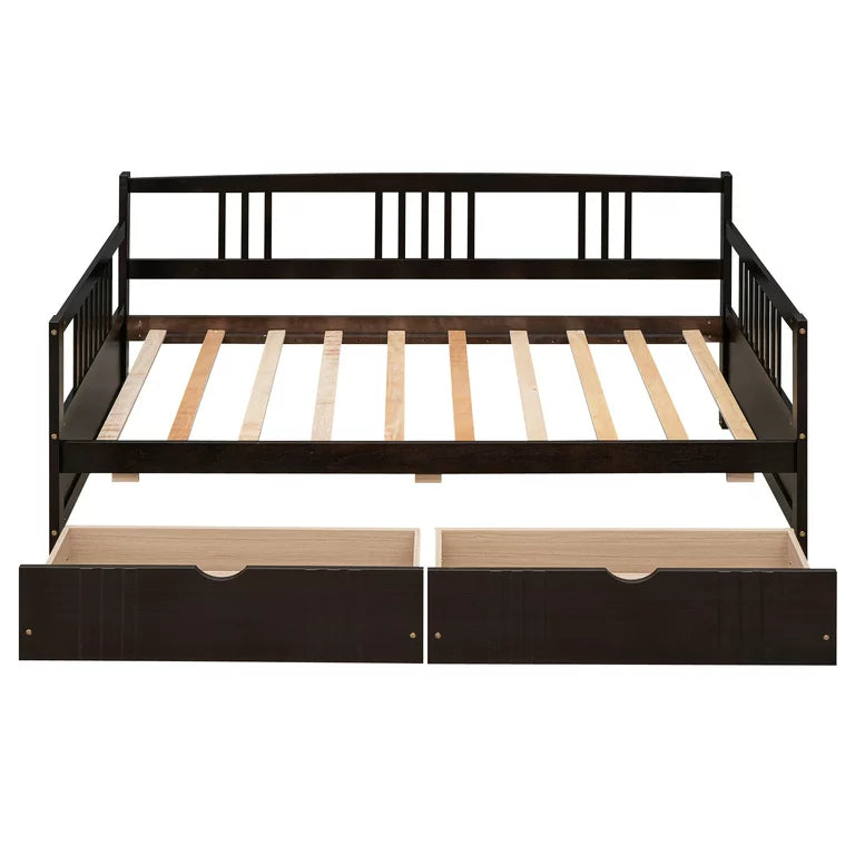Twin Daybed Bed, SEGMART Captain Sofa Bed with 2 Storage Drawers, Wood Twin Daybed Bed with 10 Slats Strong Support, Farmhouse Style Solid Wood Bedframe for Kid's Room, Teens, Espresso, SS2660