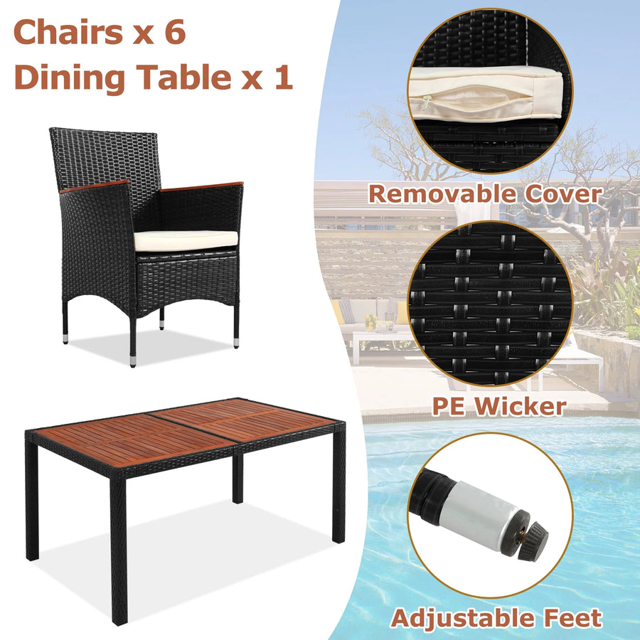 7 Piece Outdoor Wicker Dining Set, Patio Dining Table Set for 6 Persons, Garden Patio Rattan Dining Furniture Set with Beige Cushions, Dining Table Chairs Conversation Set for Deck Patio, K3482