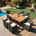 Wicker Patio Dining Set, 7PCS Outdoor Rattan Table & Chairs Set with Wooden Top & Padded Cushions, Deck Furniture Dining Table Set, Garden Porch Backyard Poolside Sectional Conversation Set, K3481